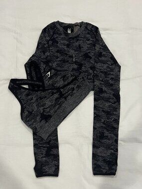 Gymshark Black Camo Top and Sports Bra Set